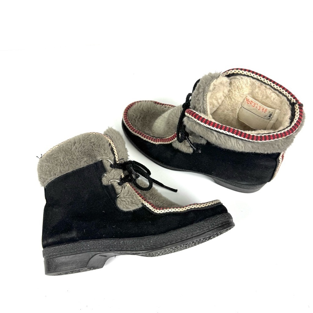Vintage 1970s Yodelers Women's Sz 5 Winter Ankle Boots Black Suede Faux Fur -USA
